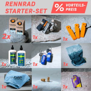 Abbildung der einzelnen produkte für das Rennrad Starter Set. Fahrradschlauch, Werkzeug, Reifenheber, Flüssigwachs, Schlüsselanhänger, Schlauchschal, Microfasertuch, Ventiladapter, Sitzsalbe
